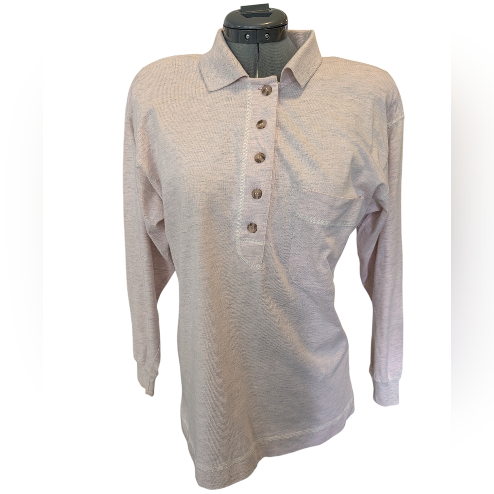 90s‎ Vintage Liz & Co Cotton Pink Heathered Gray Long Sleeve Polo Top Size Small